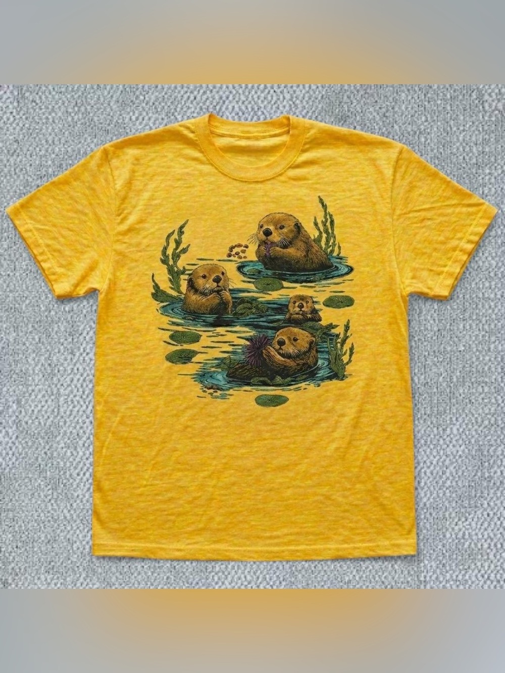 Yellow Otter Family Graphic T-Shirt for Unisex - Vintage Illustration Style
